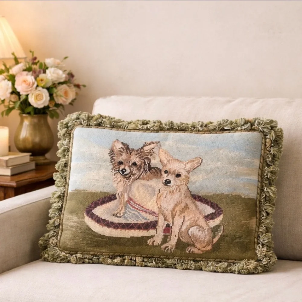 Vintage Union Trading Chihuahua Needlepoint Pillow Cover | NWT | Wool & Velvet